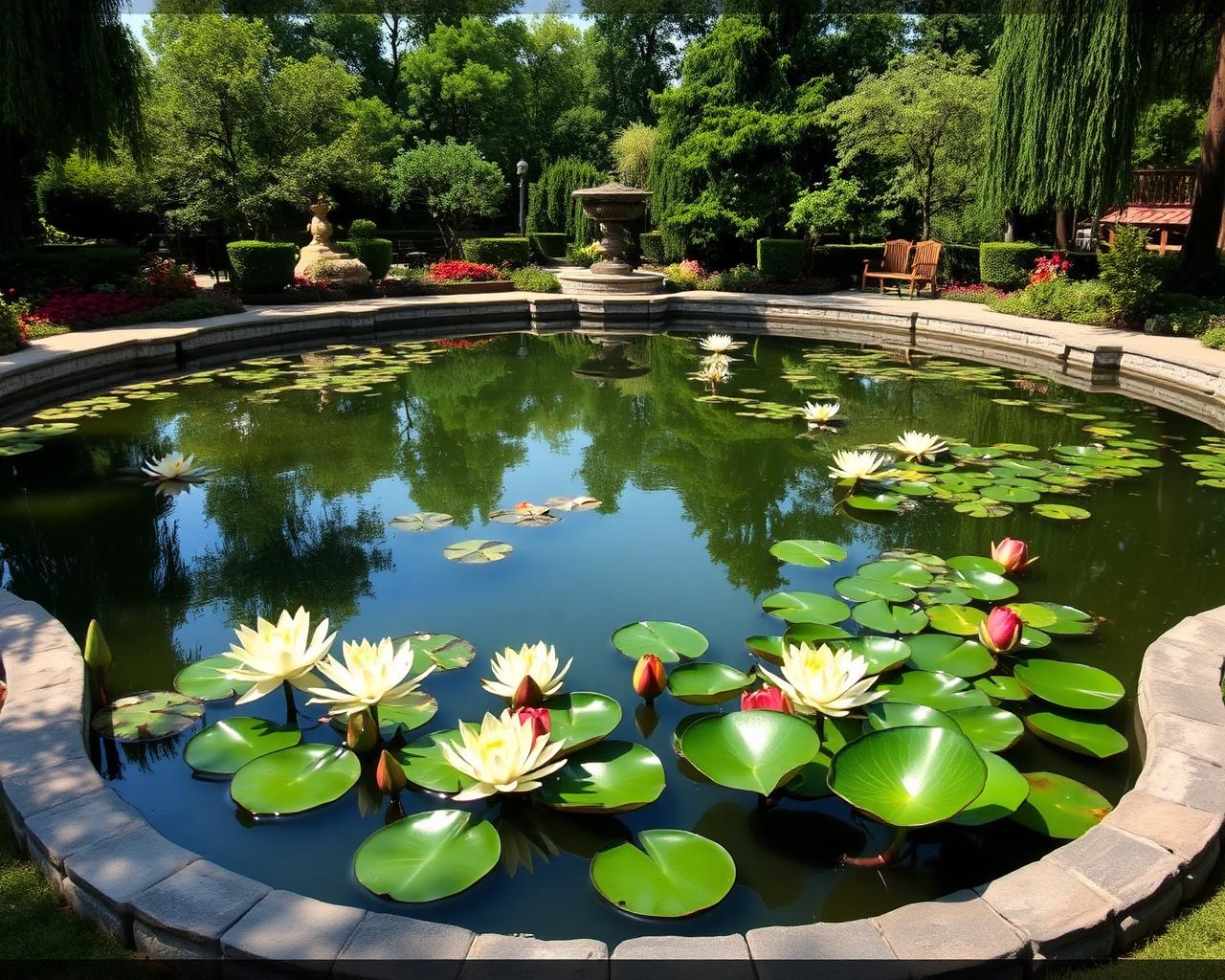 Lago ornamental com vitórias-régias